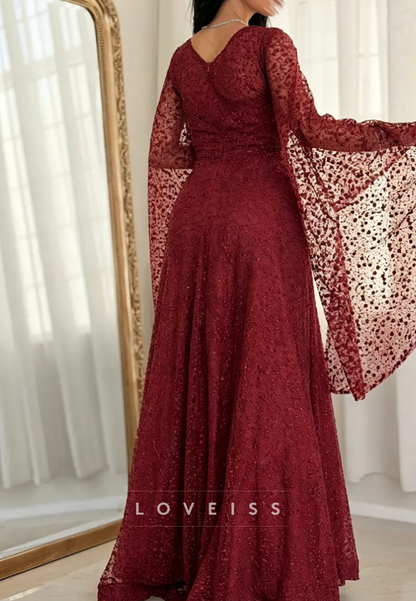 V-Neck Long Sleeves Beaded Embroidery A-Line Evening Dress