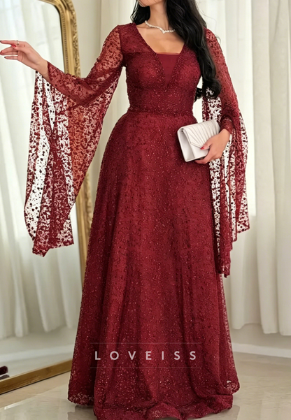 V-Neck Long Sleeves Beaded Embroidery A-Line Evening Dress