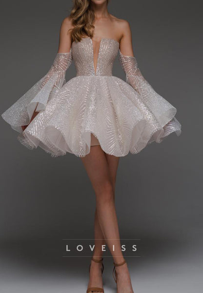 V-Neck Long Sleeves Beaded Embroidery A-Line Short Homecoming Dress