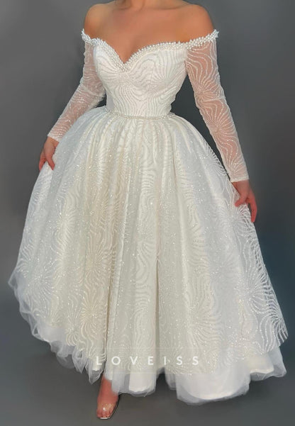 V-Neck Long Sleeves Beaded Embroidery A-Line Wedding Dress