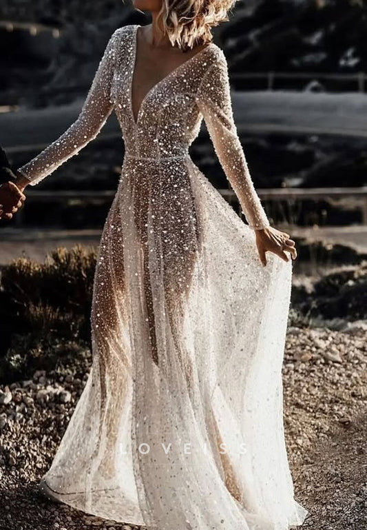 V-Neck Long Sleeves Beaded Embroidery Sparkly A-Line Wedding Dress