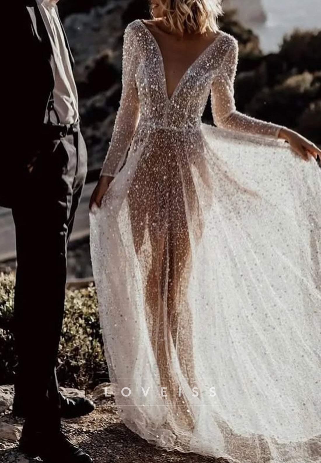 V-Neck Long Sleeves Beaded Embroidery Sparkly A-Line Wedding Dress