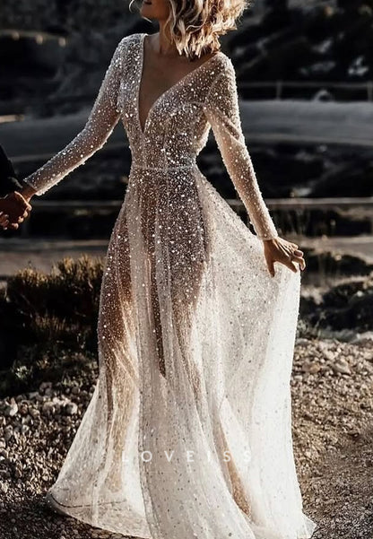 V-Neck Long Sleeves Beaded Embroidery Sparkly A-Line Wedding Dress