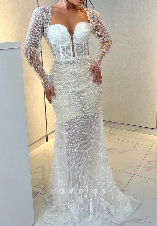 V-Neck Long Sleeves Beaded Evening Dress Embroidery Mermaid Prom Dress