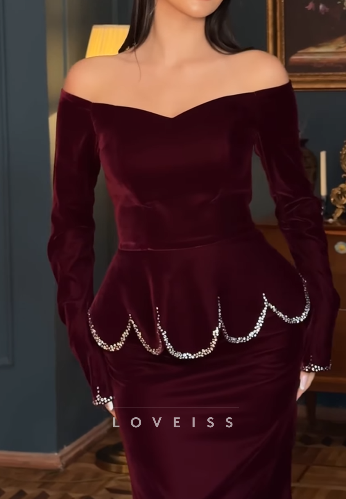 V-Neck Long Sleeves Beaded Mermaid Evening Dress