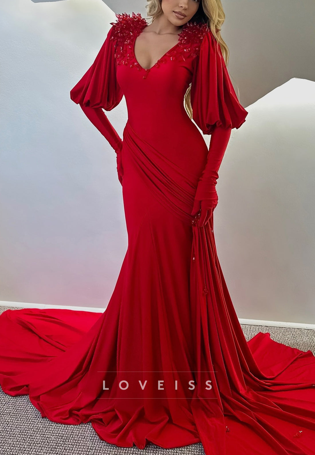 V-Neck Long Sleeves Beaded Mermaid Red Evening Dress