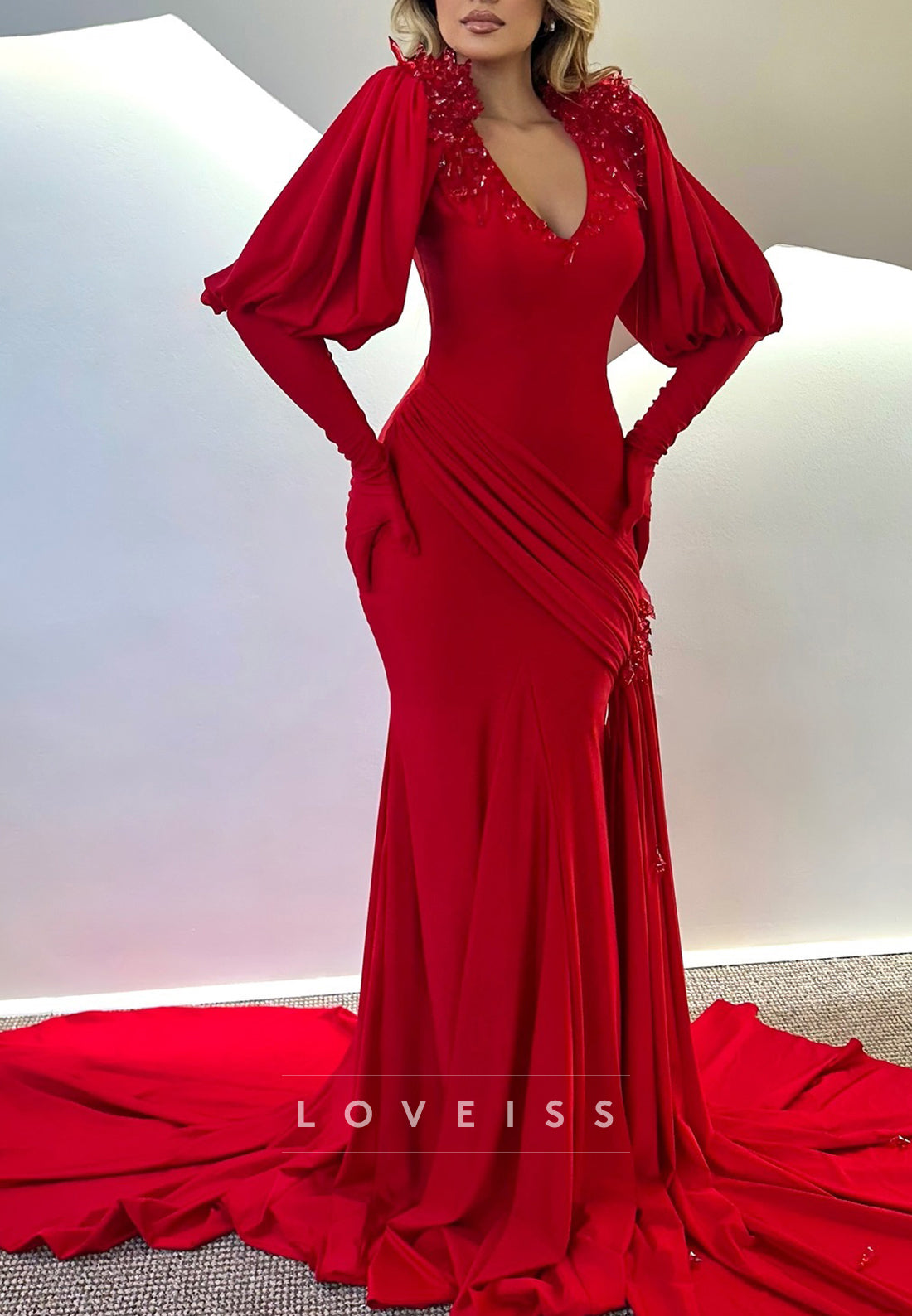 V-Neck Long Sleeves Beaded Mermaid Red Evening Dress