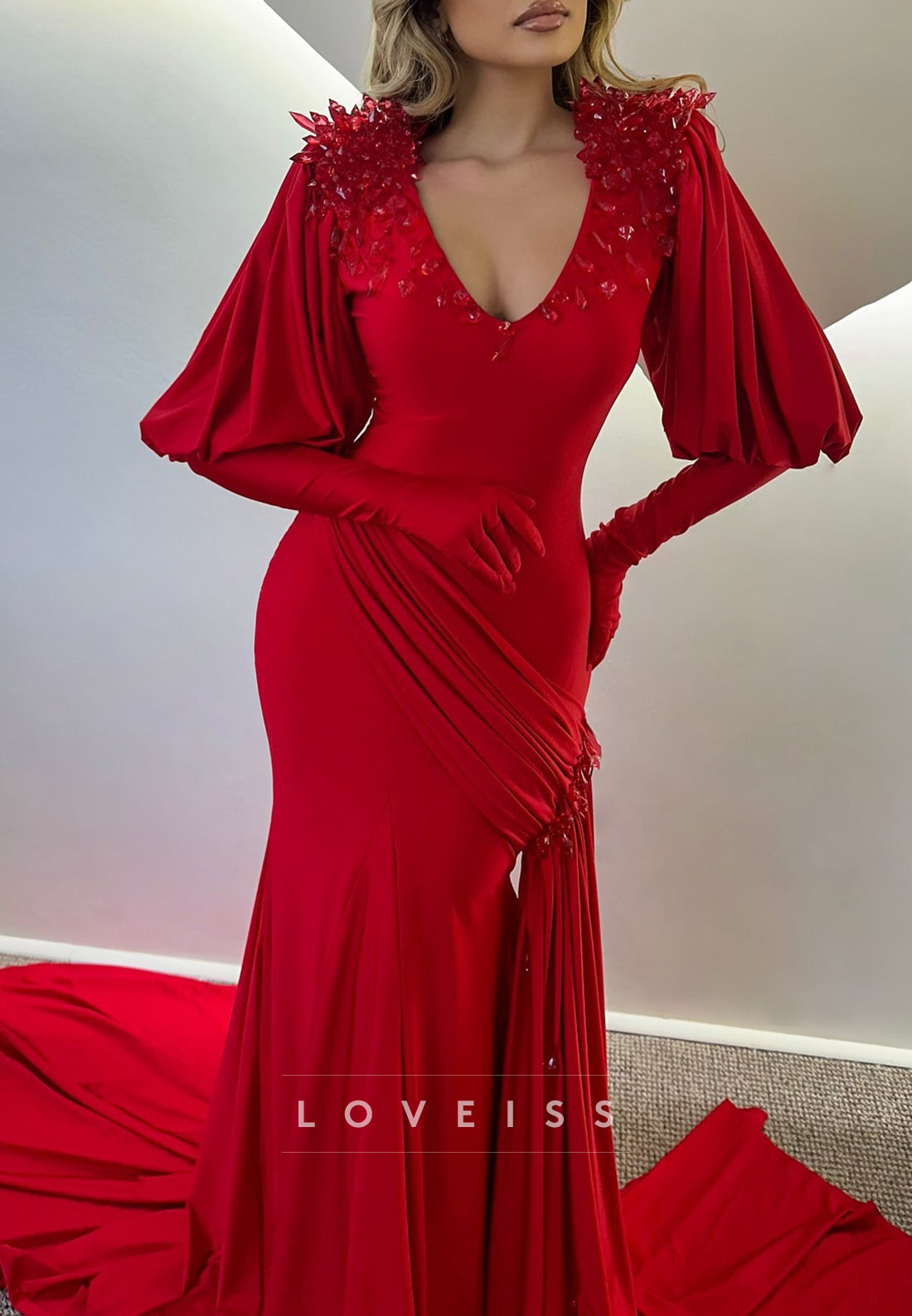 V-Neck Long Sleeves Beaded Mermaid Red Evening Dress