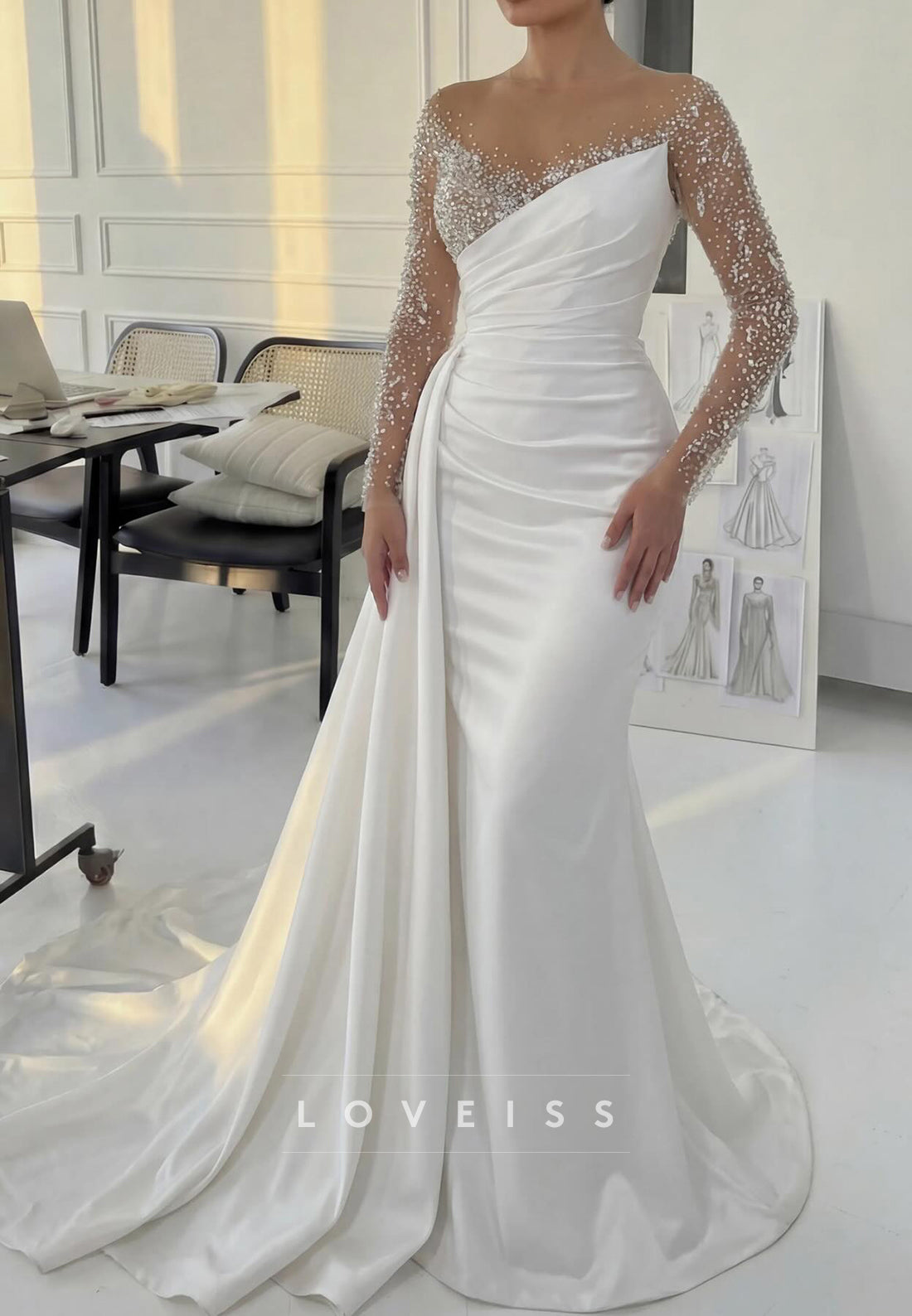 V-Neck Long Sleeves Beaded Mermaid Wedding Dress