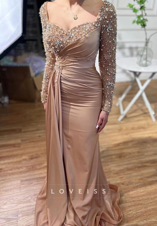 V-Neck Long Sleeves Beaded Pleated Sheath Evening Dress