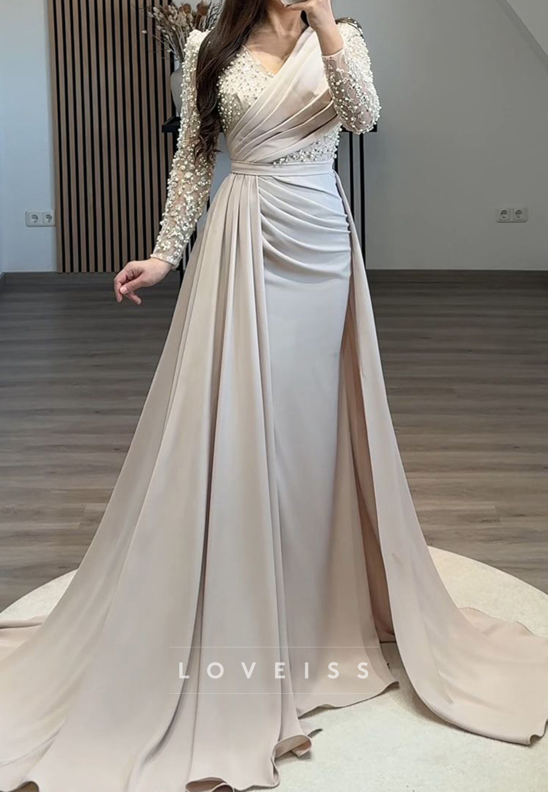 V-Neck Long Sleeves Beaded Pleated Sheath Formal Dress