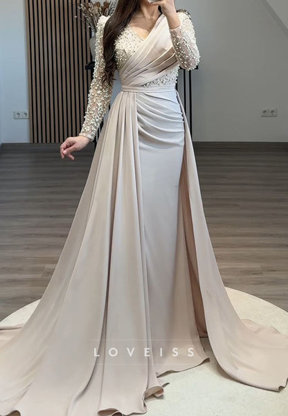 V-Neck Long Sleeves Beaded Pleated Sheath Formal Dress