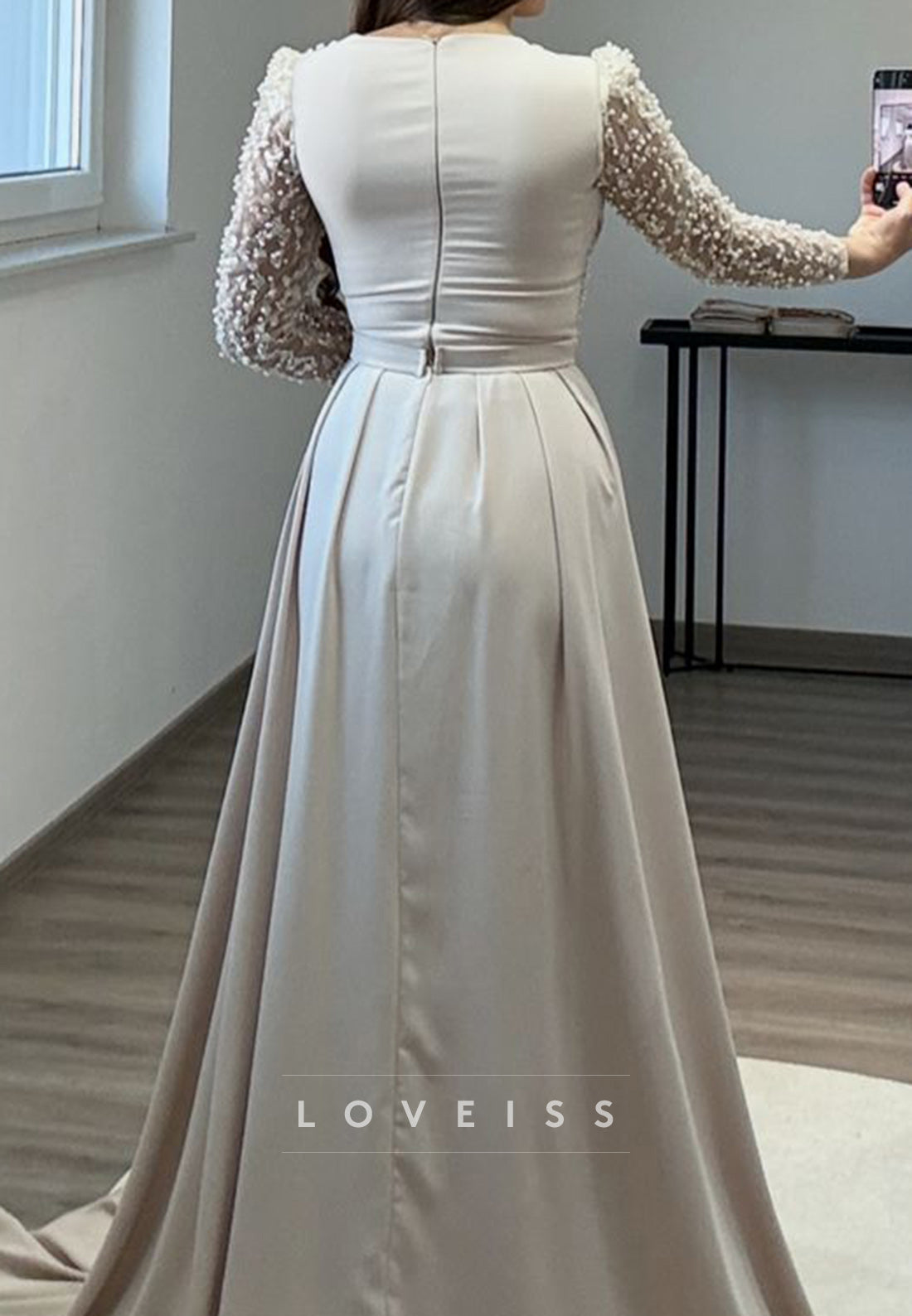 V-Neck Long Sleeves Beaded Pleated Sheath Formal Dress