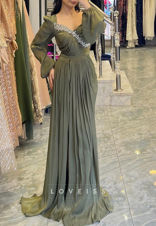 V-Neck Long Sleeves Beaded Pleated Sheath Mother of Bride Dress