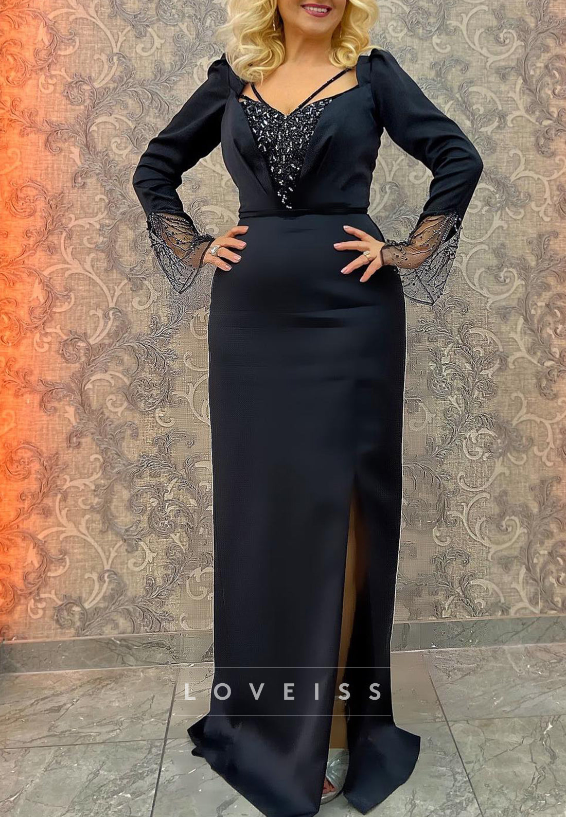 V-Neck Long Sleeves Beaded Sheath Mother of Bride Dress