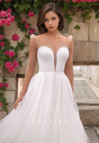 V-Neck Long Sleeves Beaded Tulle A-Line Wedding Dress