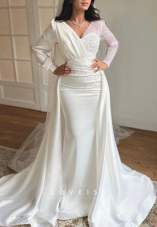 V-Neck Long Sleeves Beading Pleated Mermaid Wedding Dress