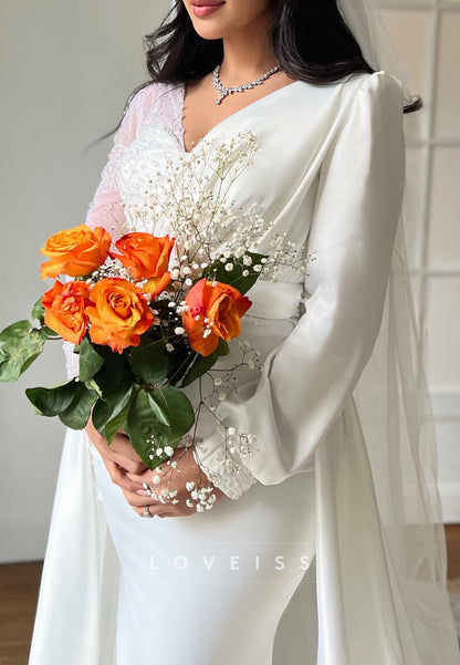 V-Neck Long Sleeves Beading Pleated Mermaid Wedding Dress