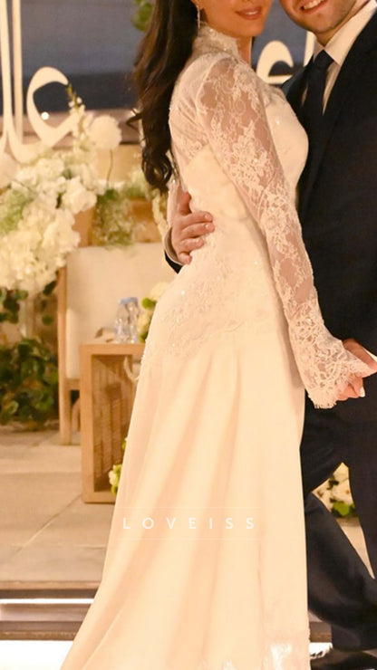 V-Neck Long Sleeves Button Appliques Lace A-Line Wedding Dress