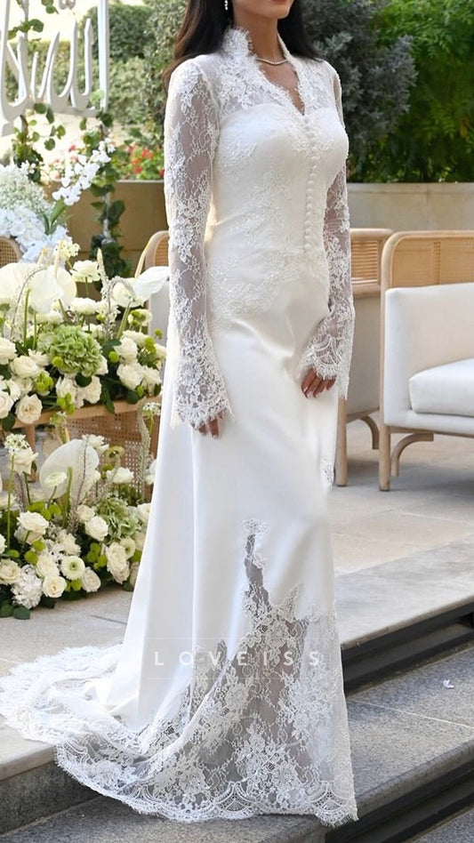 V-Neck Long Sleeves Button Appliques Lace A-Line Wedding Dress