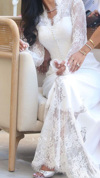 V-Neck Long Sleeves Button Appliques Lace A-Line Wedding Dress