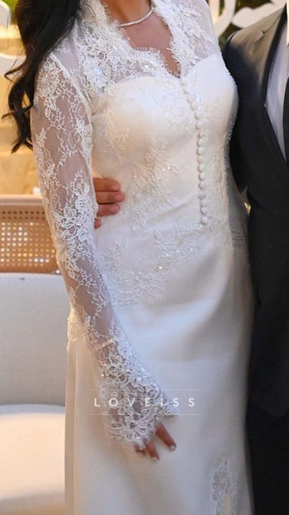 V-Neck Long Sleeves Button Appliques Lace A-Line Wedding Dress