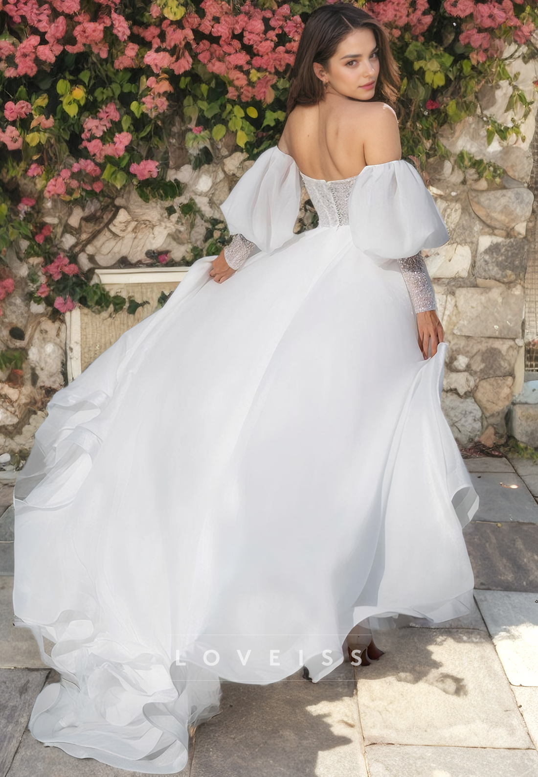 V-Neck Long Sleeves Chiddon High Slit Beach Wedding Dress