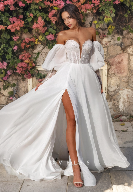 V-Neck Long Sleeves Chiddon High Slit Beach Wedding Dress