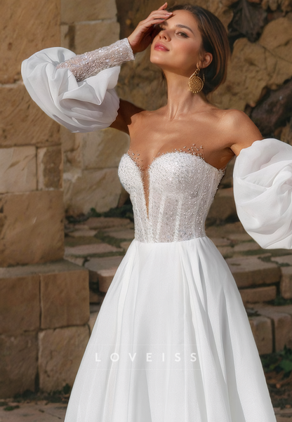 V-Neck Long Sleeves Chiddon High Slit Beach Wedding Dress