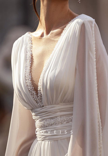 V-Neck Long Sleeves Chiffon A-Line Beach Wedding Dress