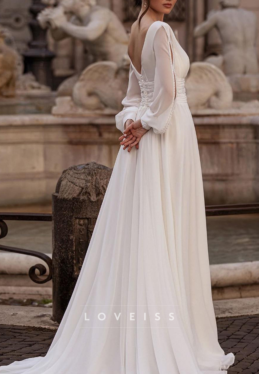 V-Neck Long Sleeves Chiffon A-Line Beach Wedding Dress