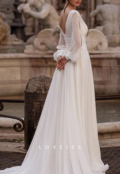 V-Neck Long Sleeves Chiffon A-Line Beach Wedding Dress