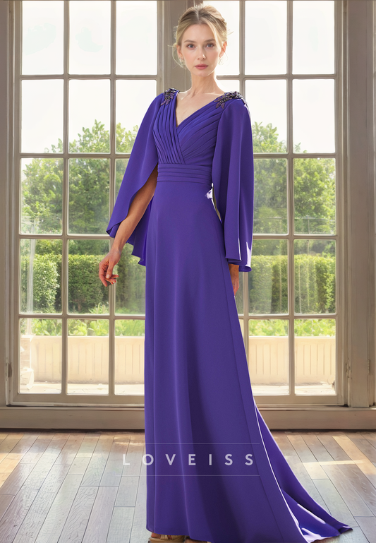 V-Neck Long Sleeves Chiffon A-Line Mother of Bride Dress Cocktail Dress