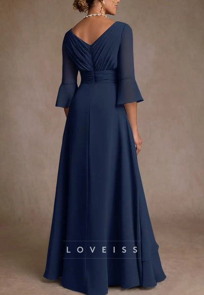 V-Neck Long Sleeves Chiffon A-Line Mother of Bride Dress