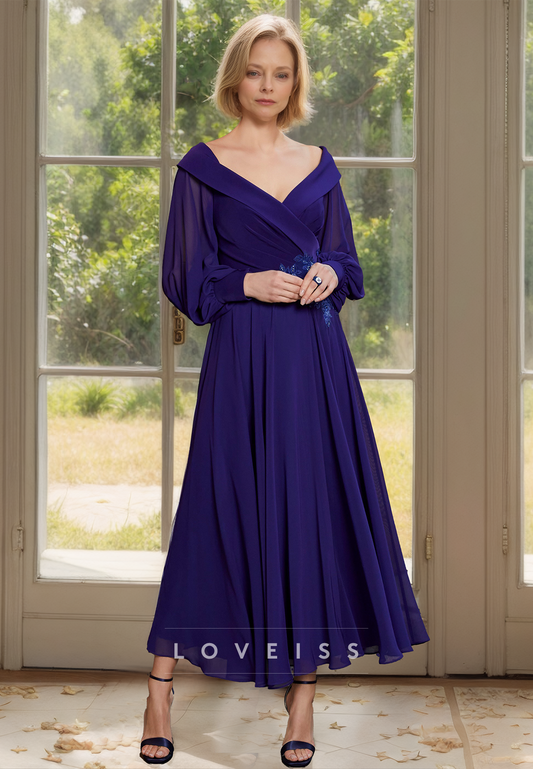 V-Neck Long Sleeves Chiffon Appliques Pleated A-Line Mother of Bride Dress