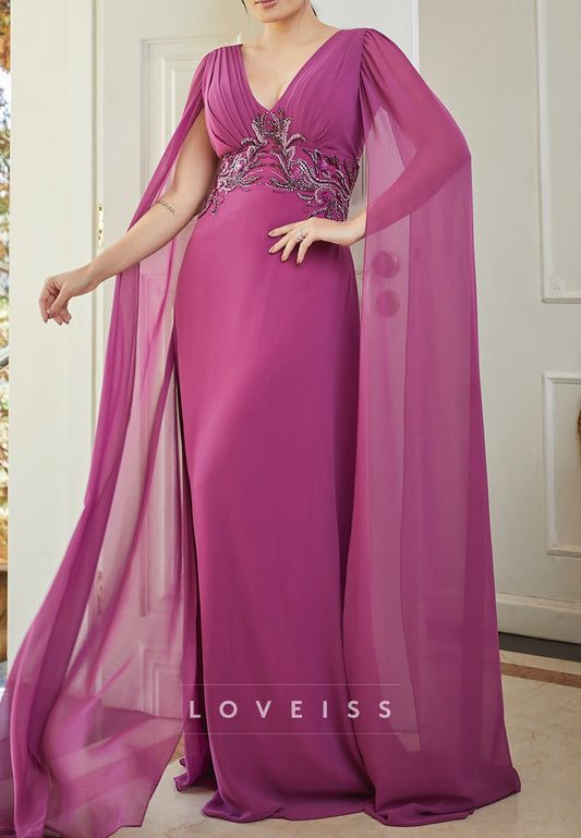 V-Neck Long Sleeves Chiffon Appliques Sheath Mother of Bride Dress