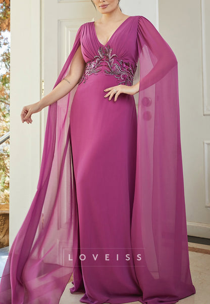 V-Neck Long Sleeves Chiffon Appliques Sheath Mother of Bride Dress