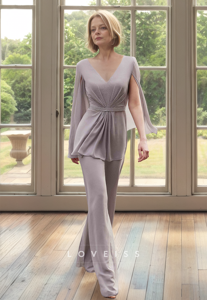 V-Neck Long Sleeves Chiffon Jumpsuit Mother of Bride Dress