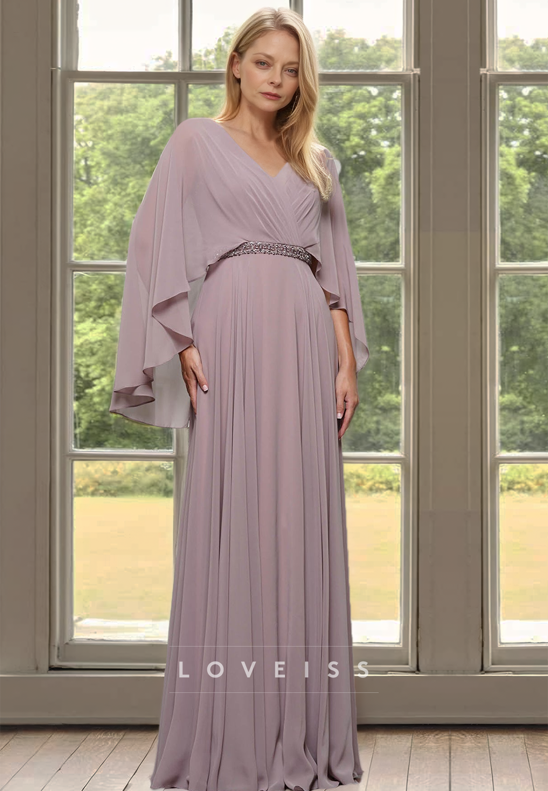 V-Neck Long Sleeves Chiffon Pleated A-Line Mother of Bride Dress