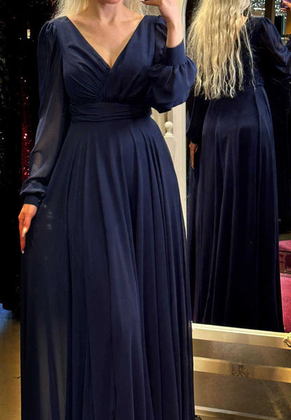 V-Neck Long Sleeves Chiffon Pleated A-Line Mother of Bride Dress