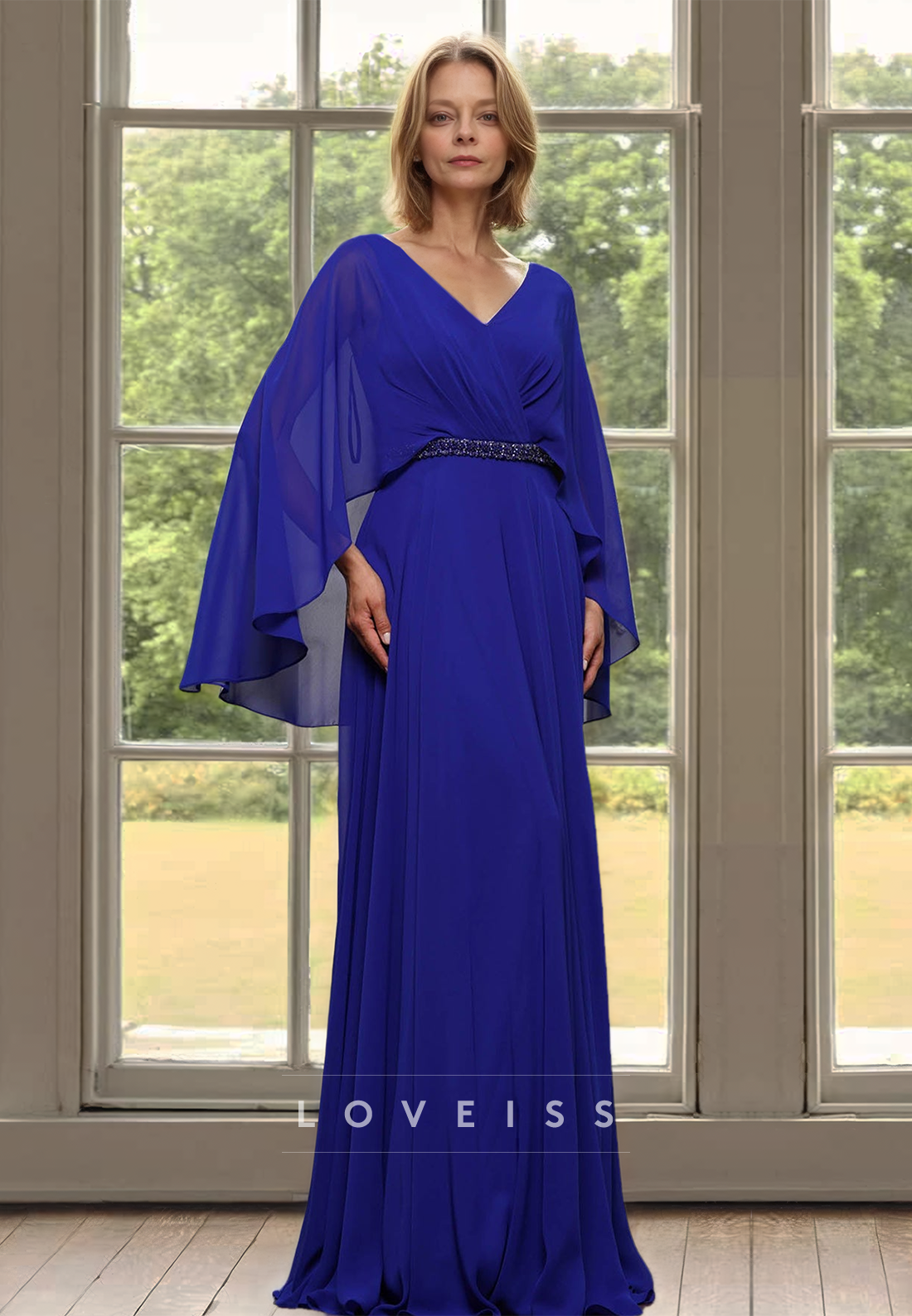 V-Neck Long Sleeves Chiffon Pleated A-Line Mother of Bride Dress