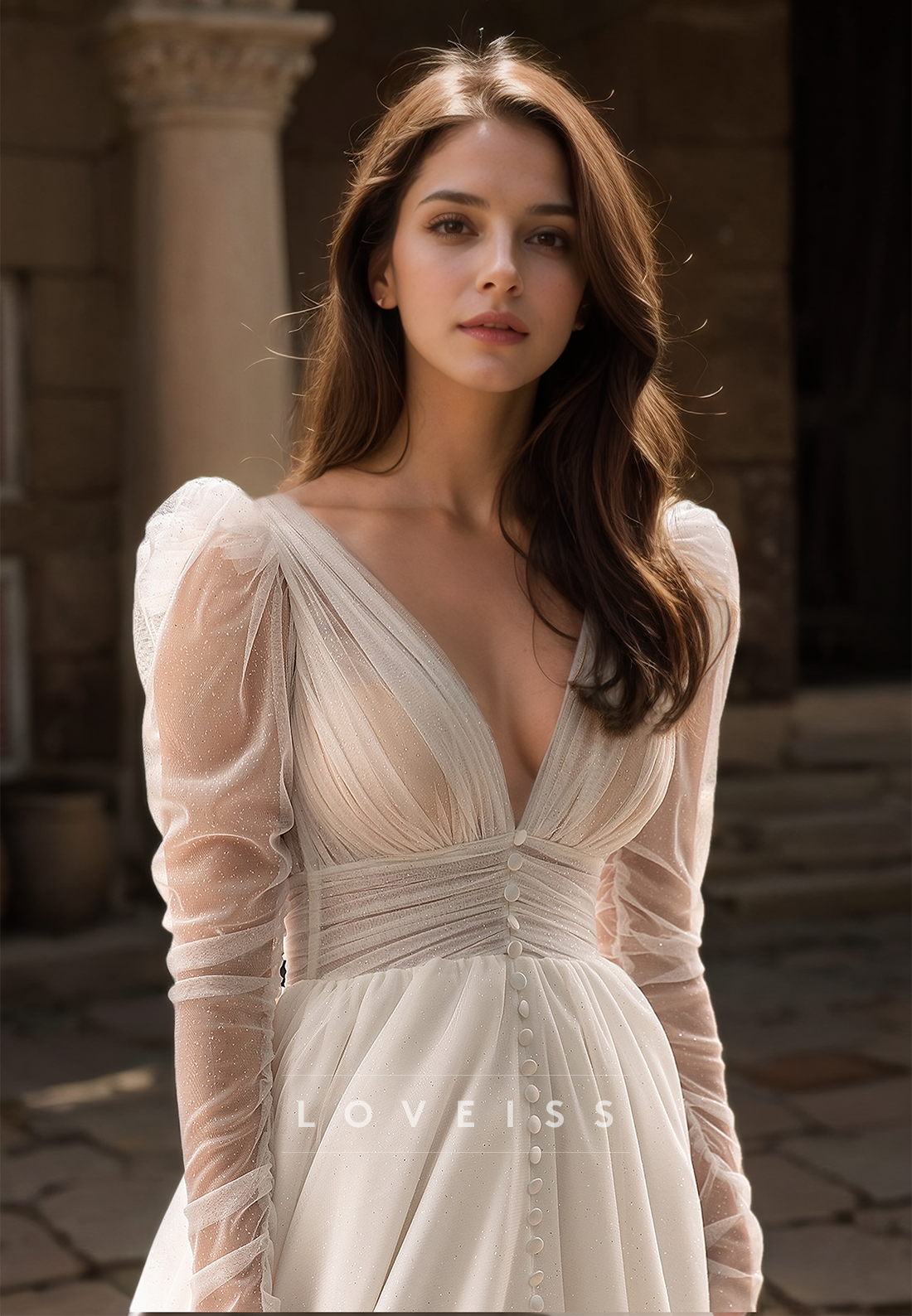 V-Neck Long Sleeves Chiffon Pleated A-Line Wedding Dress