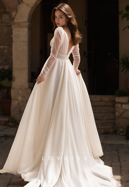 V-Neck Long Sleeves Chiffon Pleated A-Line Wedding Dress