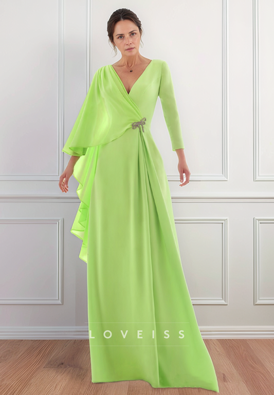 V-Neck Long Sleeves Chiffon Ruched A-Line Mother of Bride Dress
