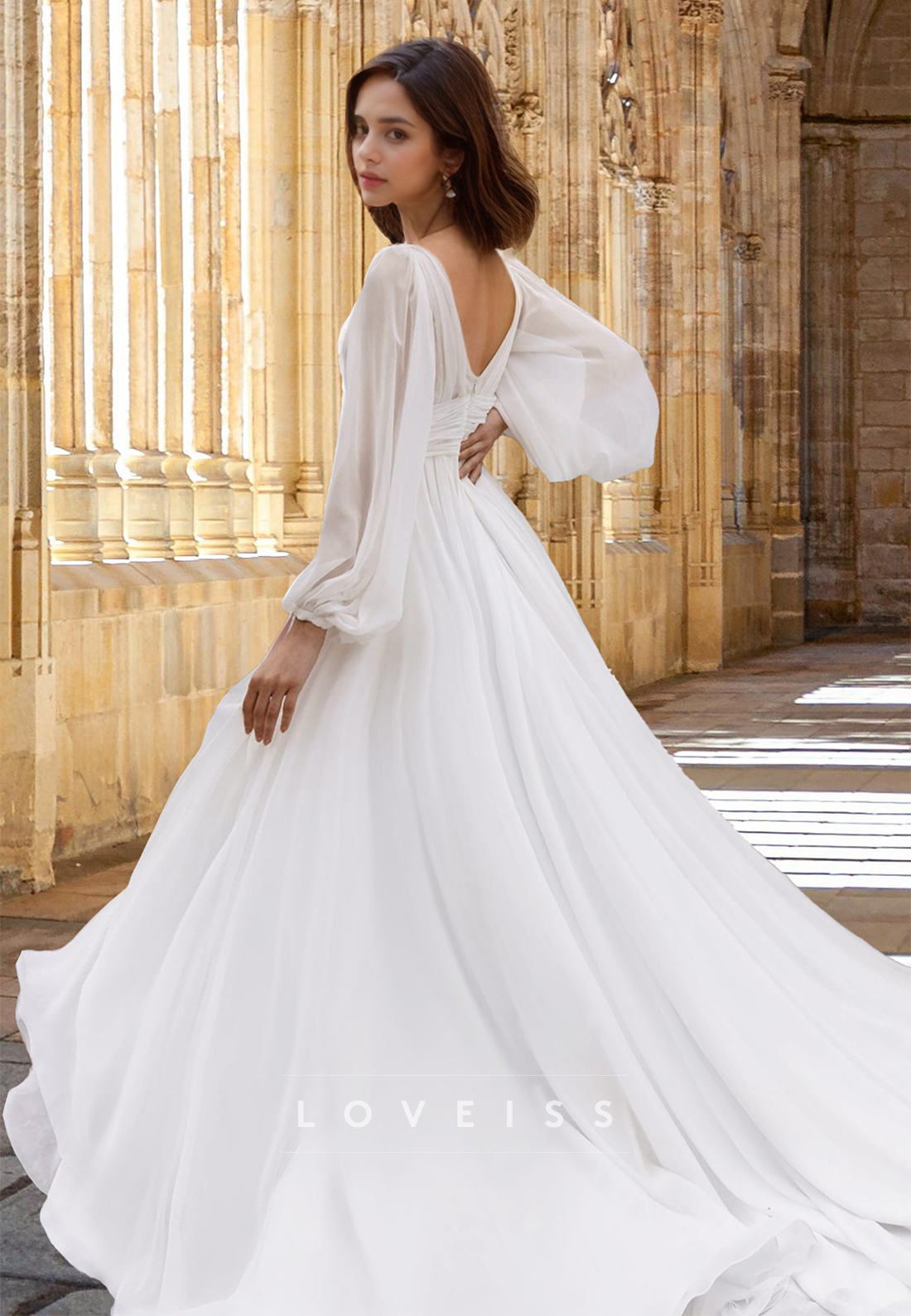 V-Neck Long Sleeves Chiffon Side Slit A-Line Beach Wedding Dress