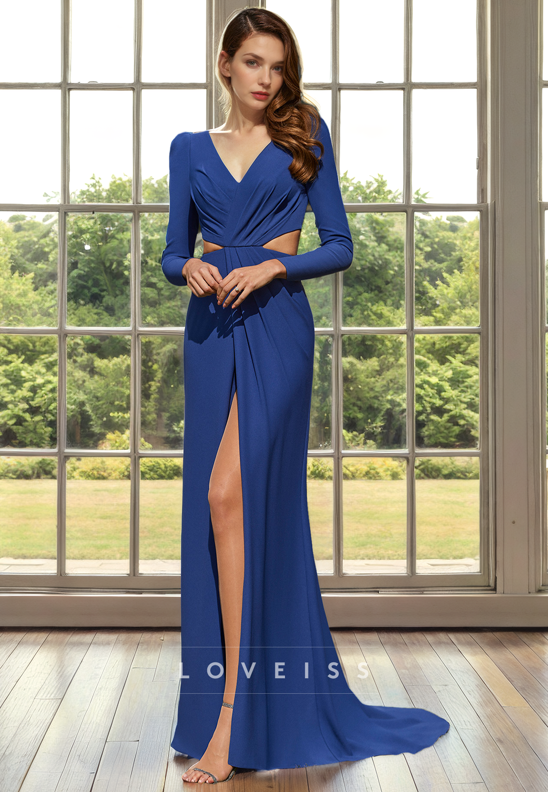 V-Neck Long Sleeves Cut Out High Slit Long Sheath Mother of Bride Dress Ccoktail Dress