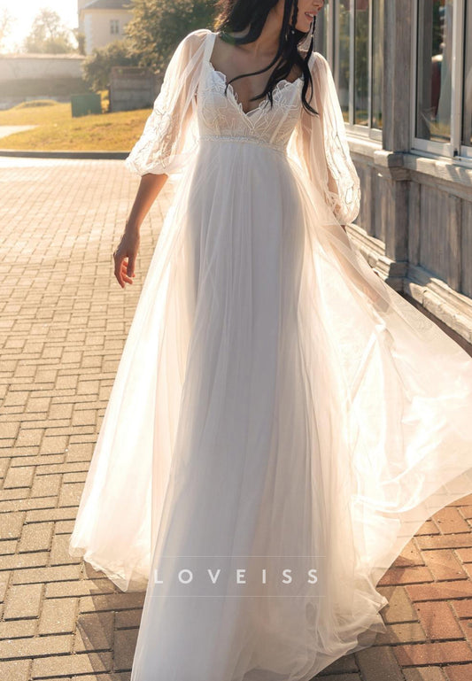 V-Neck Long Sleeves Empire Waist A-Line Boho Wedding Dress