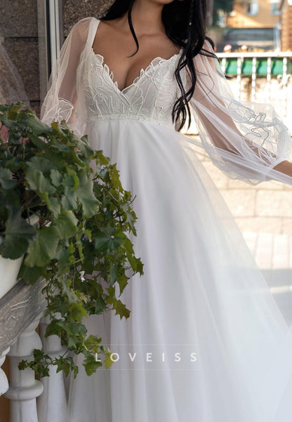 V-Neck Long Sleeves Empire Waist A-Line Boho Wedding Dress