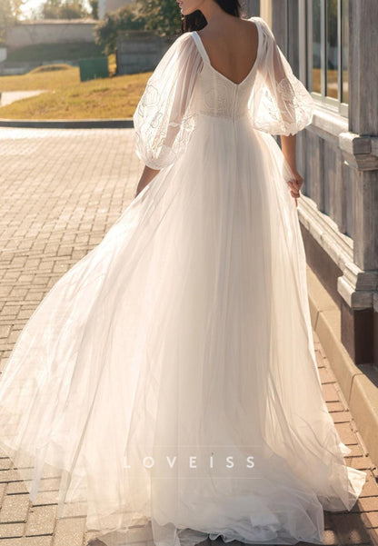 V-Neck Long Sleeves Empire Waist A-Line Boho Wedding Dress