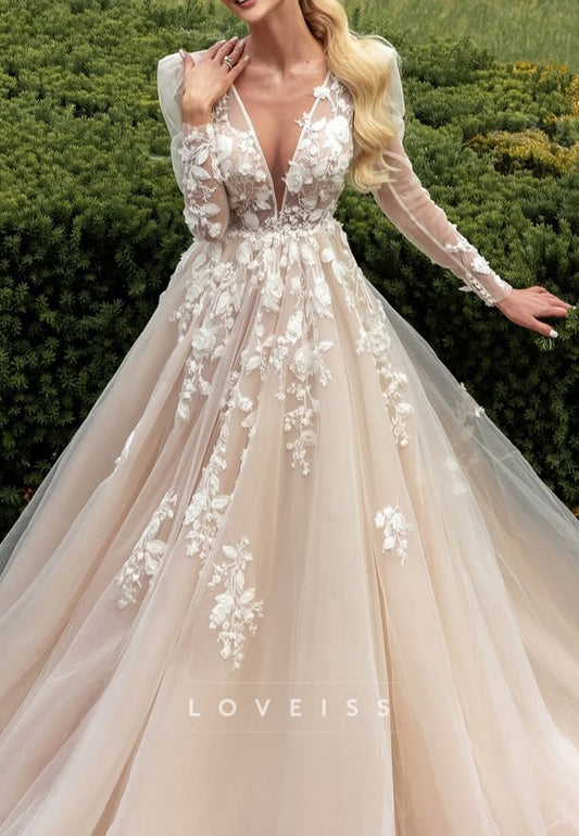 V-Neck Long Sleeves Floral Appliques A-Line Wedding Dress